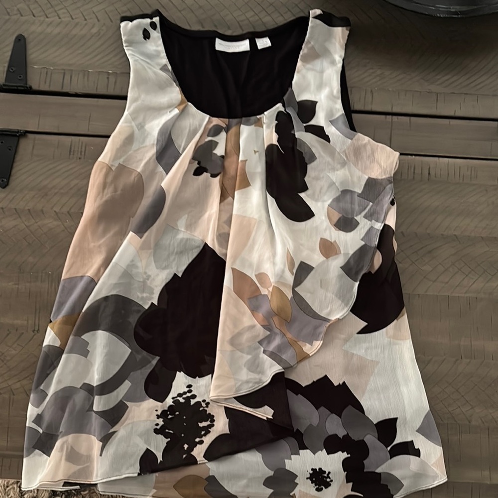 New York & Company Black and White Asymmetrical Pleated Blouse